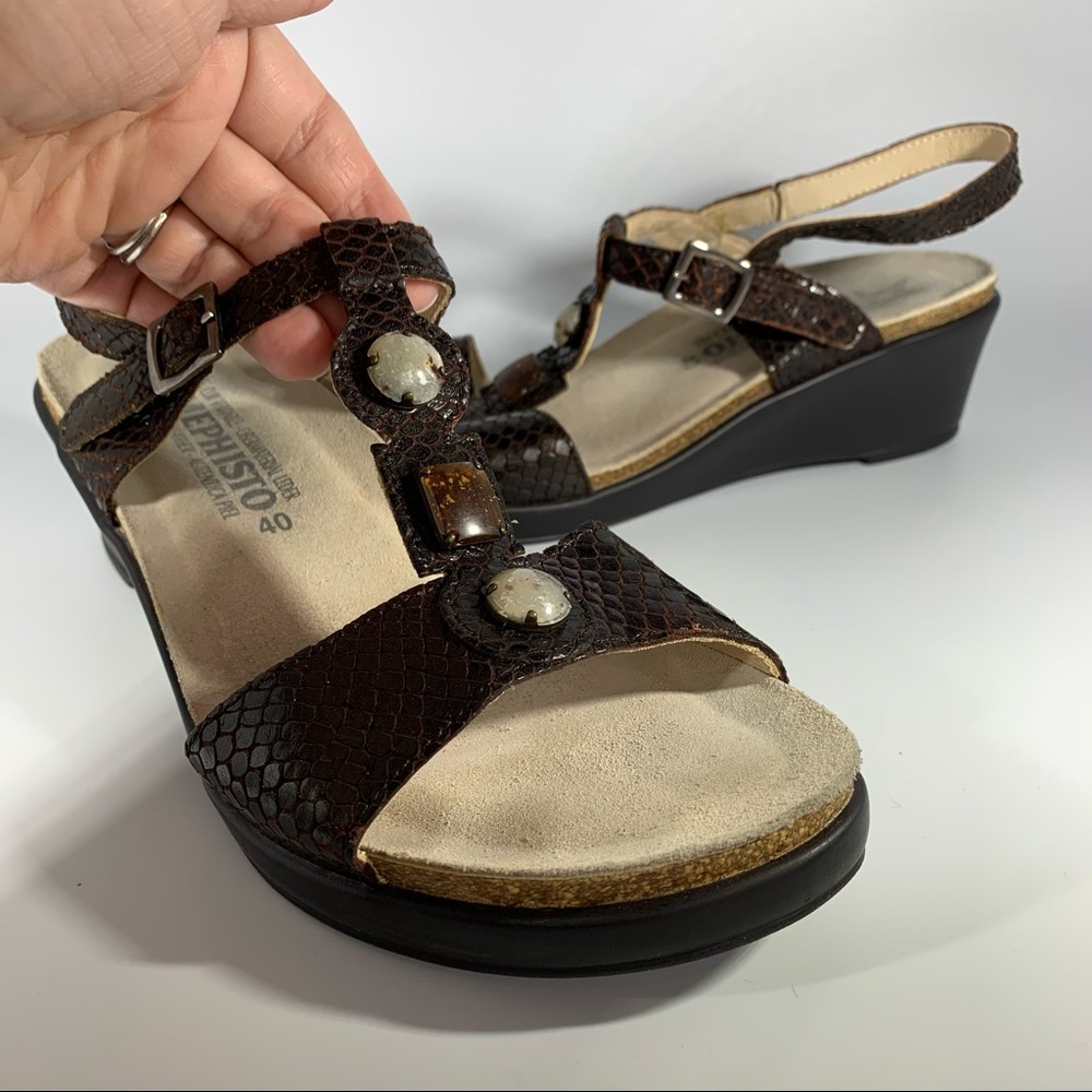 MEPHISTO Jeweled Brown Leather Snake Embossed Wedge Comfort Sandals 40